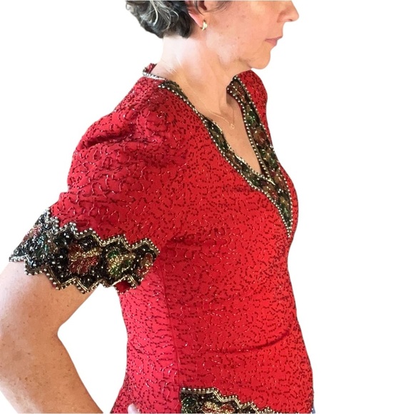 Vintage Laurence Kazar Sz M Allover Sequin Red Holiday Bow Novelty Trim Blouse - Picture 4 of 14